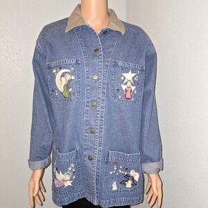 Y2K Christopher & Banks Christmas‎ Embroidered Angel  Star Denim Chore Coat L